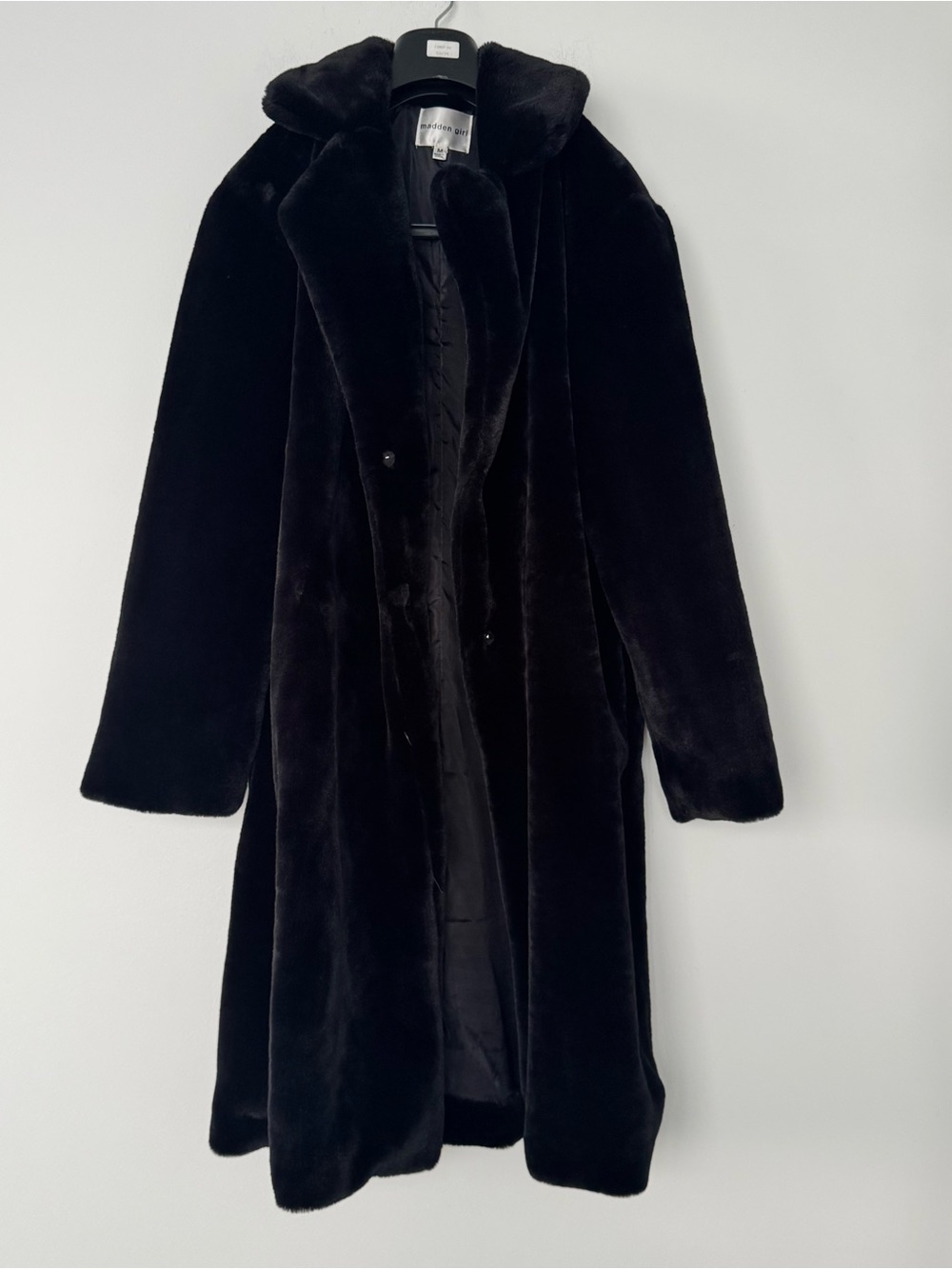 Madden Girl Long Trench Coat Jacket Womens M Black Faux Fur Overcoat Mobwife Y2k